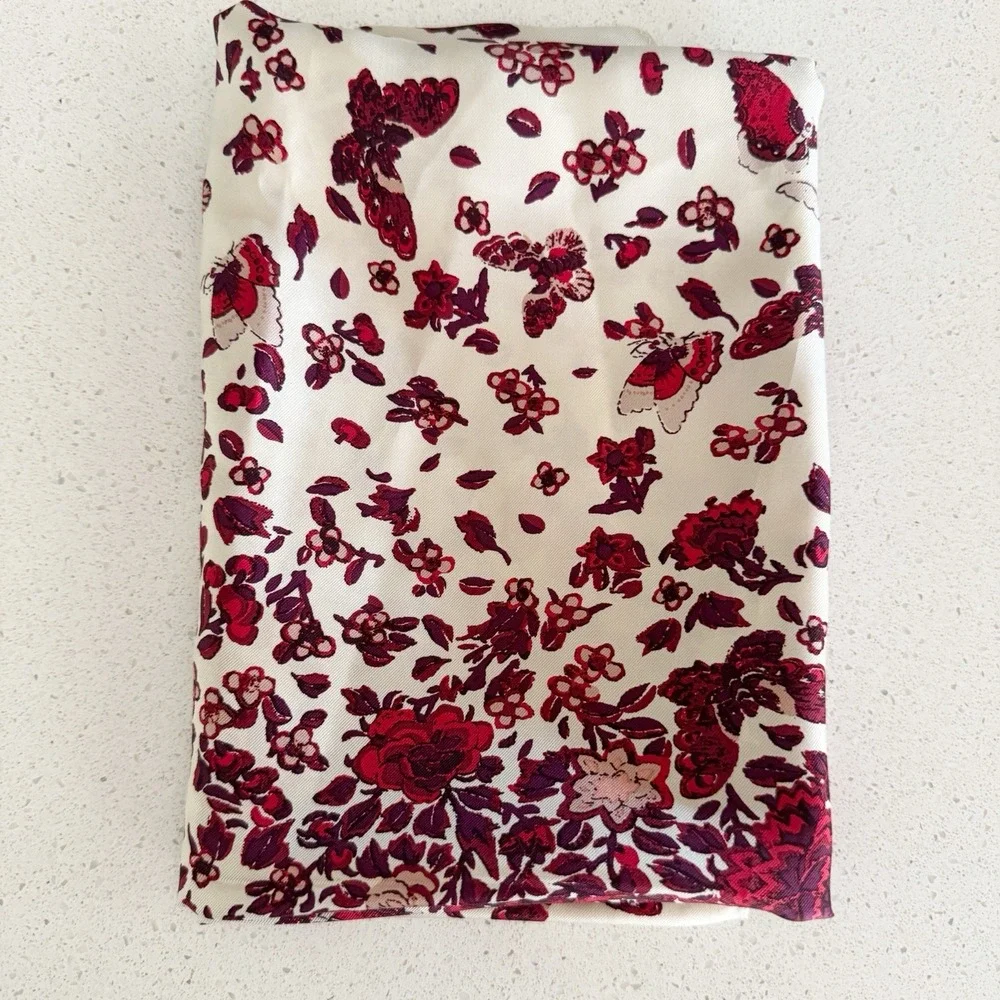 Tory Burch Ria Red Butterfly Floral Print 100% silk scarf 25x74